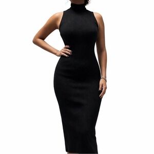 Babaton Sculpt Knit Black Midi Dress Mock Neck Minimalist Quiet Luxury  S
